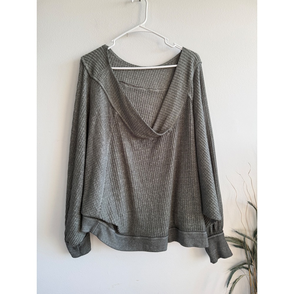 We The Free Free People Womens Large Green Waffle Knit Thermal Kangaroo Pocket